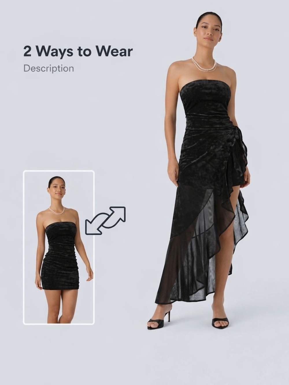 Halara Velvet Convertible Dress Strapless Mini Maxi 2 Way Black Medium New